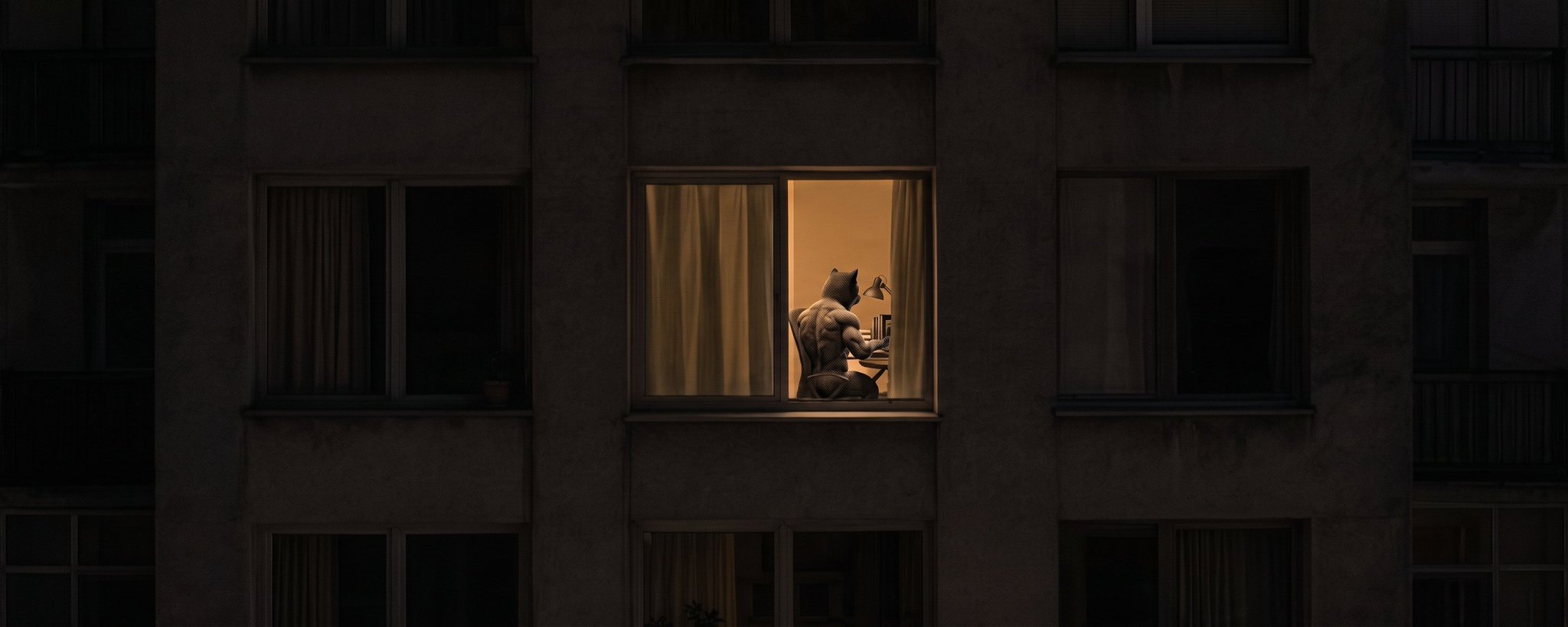 An apartment block at night. One window lit. The dog is in it.